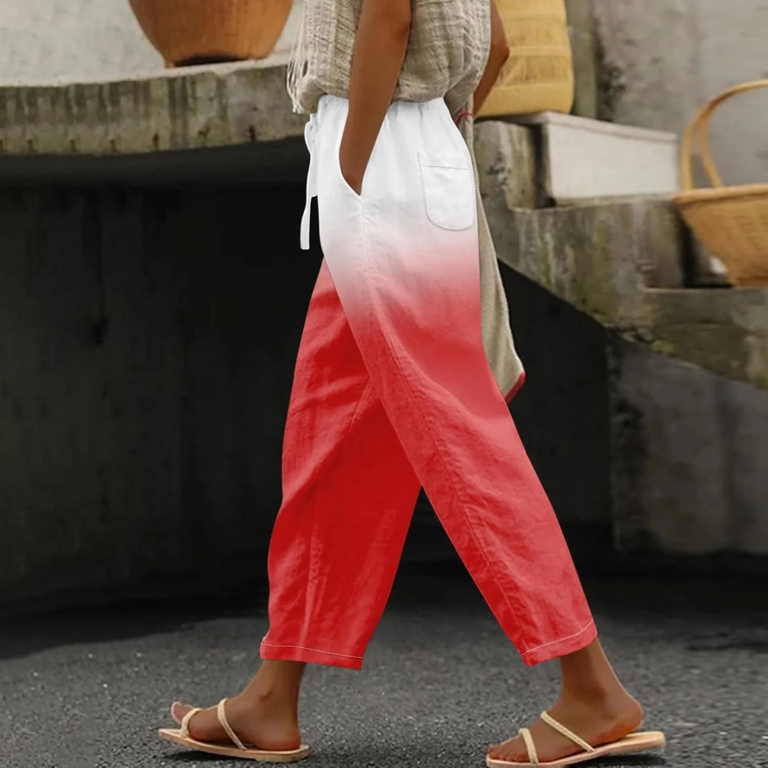 Gradient Color Pants for Women Summer Lacing Up High Waisted Tapered Trousers Lightweight Quick Dry Loose Capris with Pockets