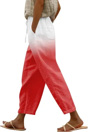 Gradient Color Pants for Women Summer Lacing Up High Waisted Tapered Trousers Lightweight Quick Dry Loose Capris with Pockets