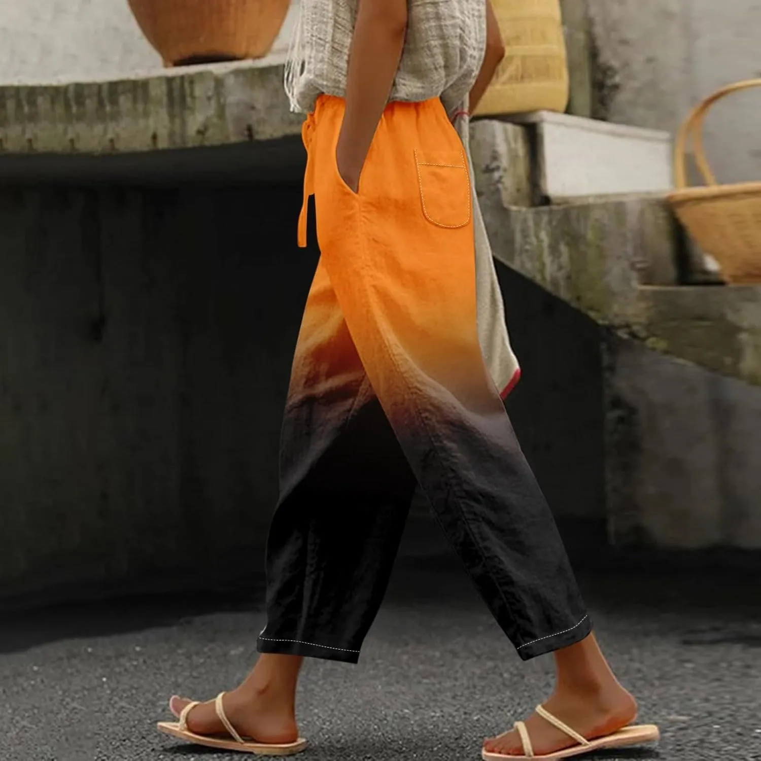 Gradient Color Pants for Women Summer Lacing Up High Waisted Tapered Trousers Lightweight Quick Dry Loose Capris with Pockets