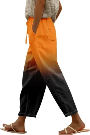 Gradient Color Pants for Women Summer Lacing Up High Waisted Tapered Trousers Lightweight Quick Dry Loose Capris with Pockets