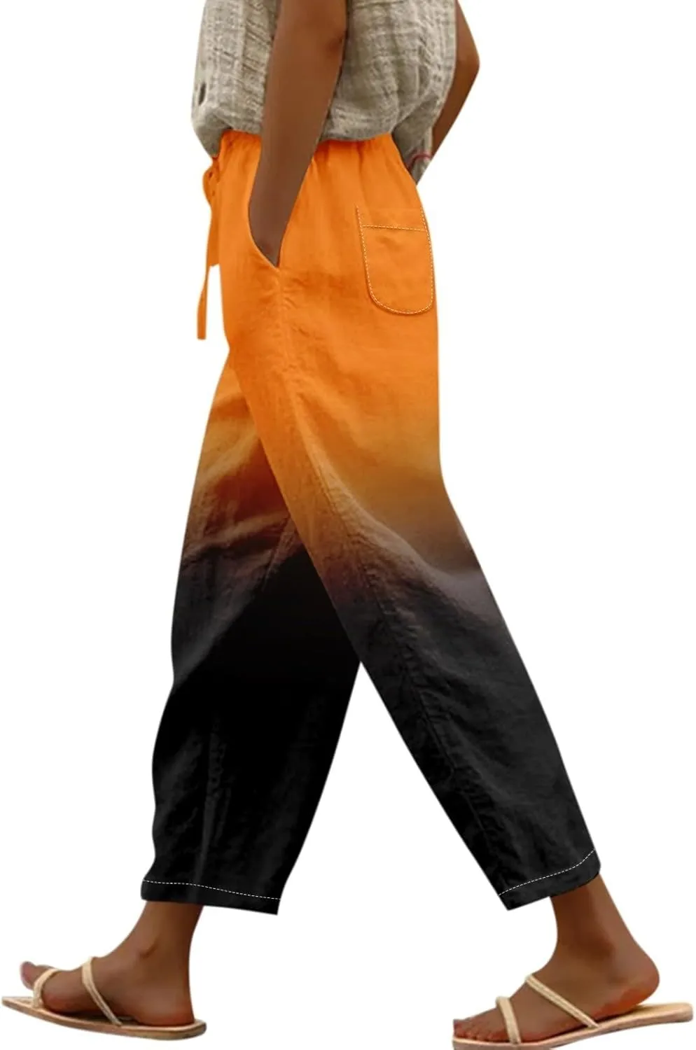 Gradient Color Pants for Women Summer Lacing Up High Waisted Tapered Trousers Lightweight Quick Dry Loose Capris with Pockets
