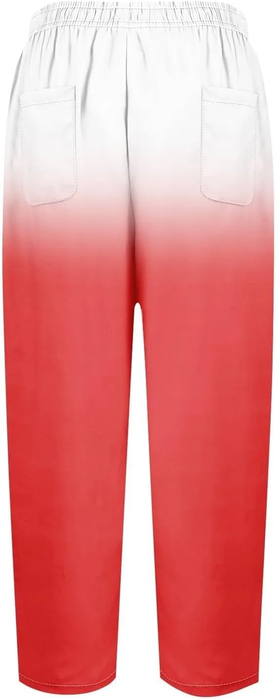 Gradient Color Pants for Women Summer Lacing Up High Waisted Tapered Trousers Lightweight Quick Dry Loose Capris with Pockets
