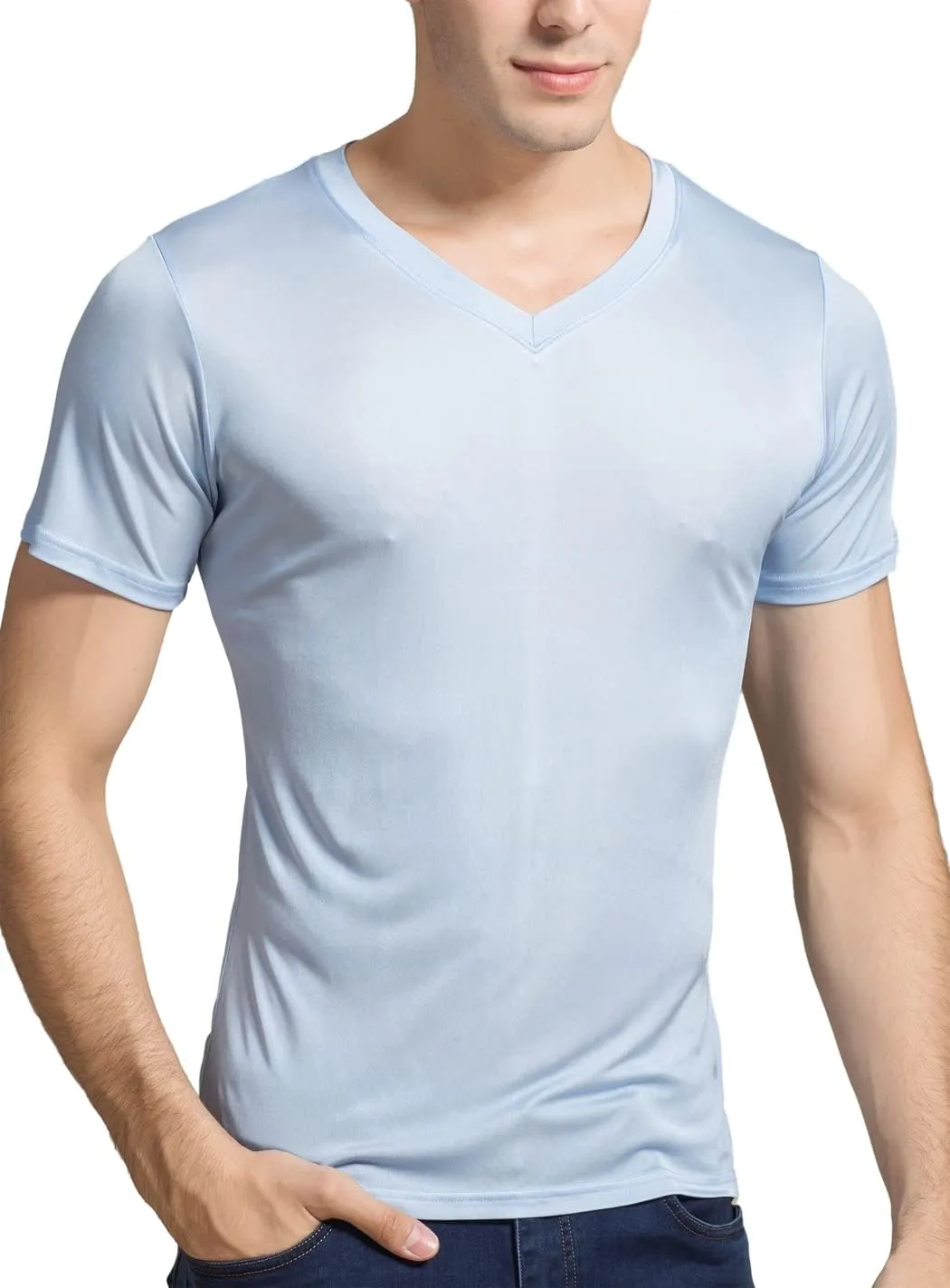Grenasasilk Mens Mulberry Silk T-Shirts Short Sleeve Pure Silk Dress Tee Shirts Breathable & Moisture V-Neck Undershirt Top