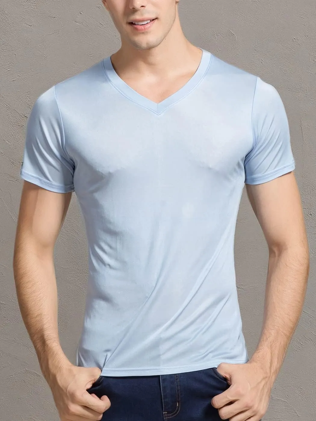 Grenasasilk Mens Mulberry Silk T-Shirts Short Sleeve Pure Silk Dress Tee Shirts Breathable & Moisture V-Neck Undershirt Top