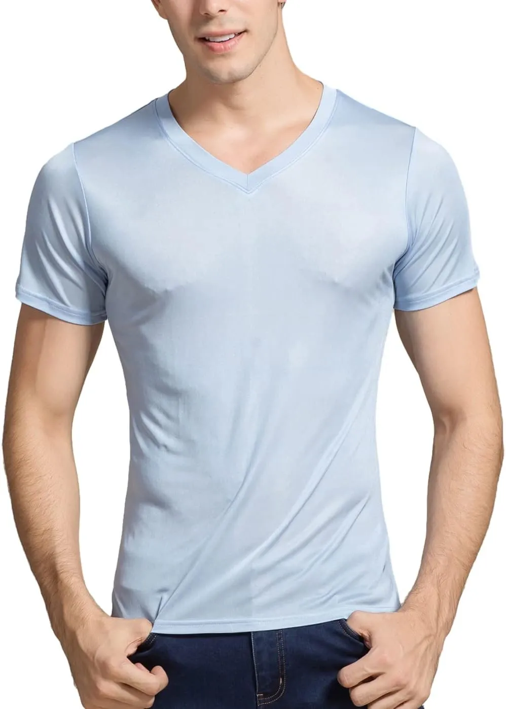 Grenasasilk Mens Mulberry Silk T-Shirts Short Sleeve Pure Silk Dress Tee Shirts Breathable & Moisture V-Neck Undershirt Top