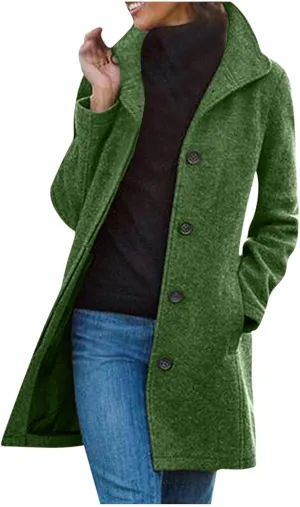 HGps8w Women's Elegant Stand Collar Trench Pea Coat Single-Breasted Solid Color Mid-Long Wool Blended Outwear Jacket