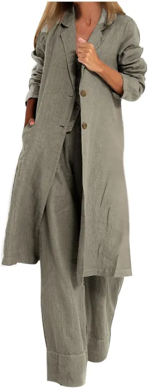 HGps8w Women's Vintage Cotton Linen Trench Coat Split Hem Mid Length Windbreaker Button Down Lapel Jacket Overcoat