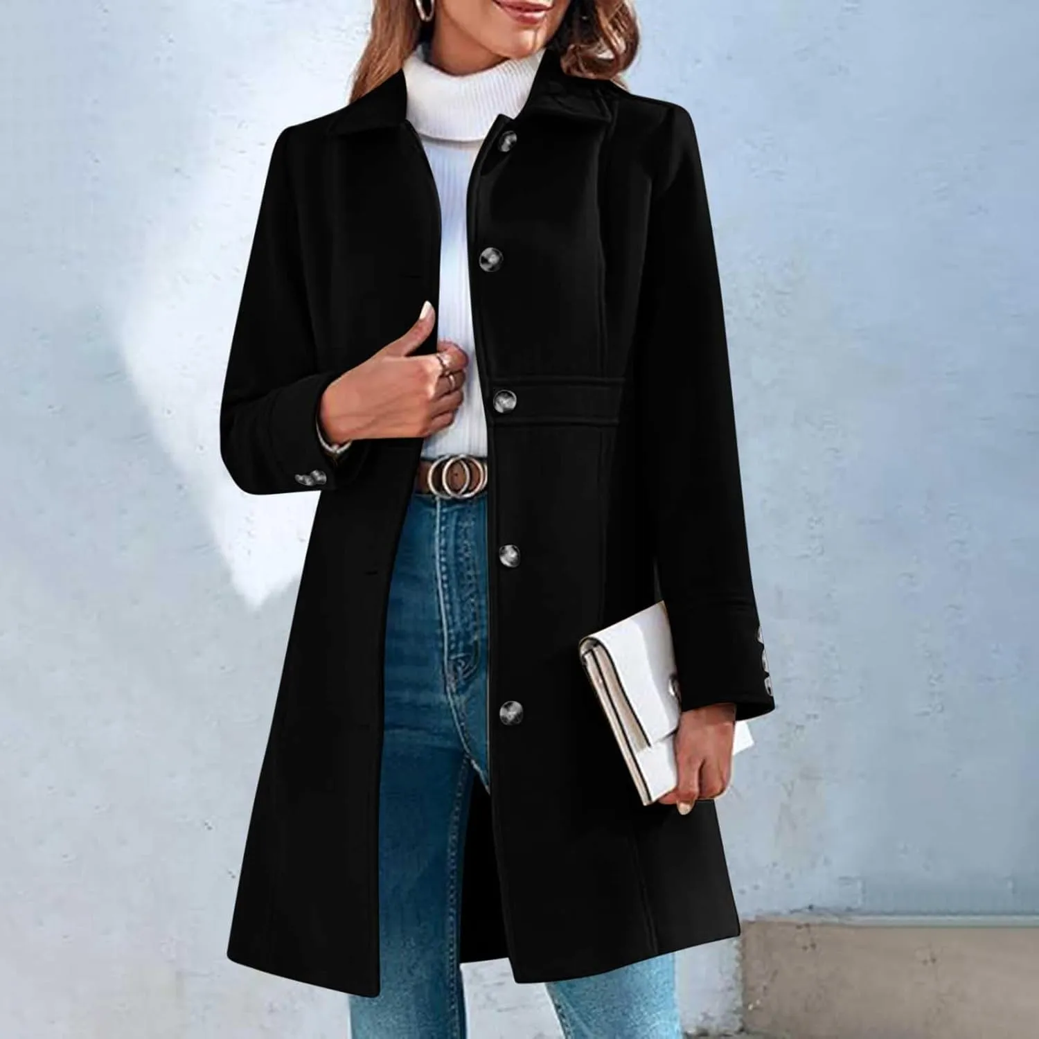 HGps8w Women's Winter Woolen Trench Coat Single Breasted Business Casual Midi Long Lapel Jacket with Pockets