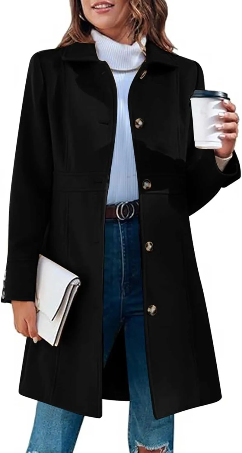 HGps8w Women's Winter Woolen Trench Coat Single Breasted Business Casual Midi Long Lapel Jacket with Pockets