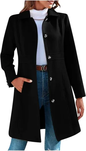 HGps8w Women's Winter Woolen Trench Coat Single Breasted Business Casual Midi Long Lapel Jacket with Pockets