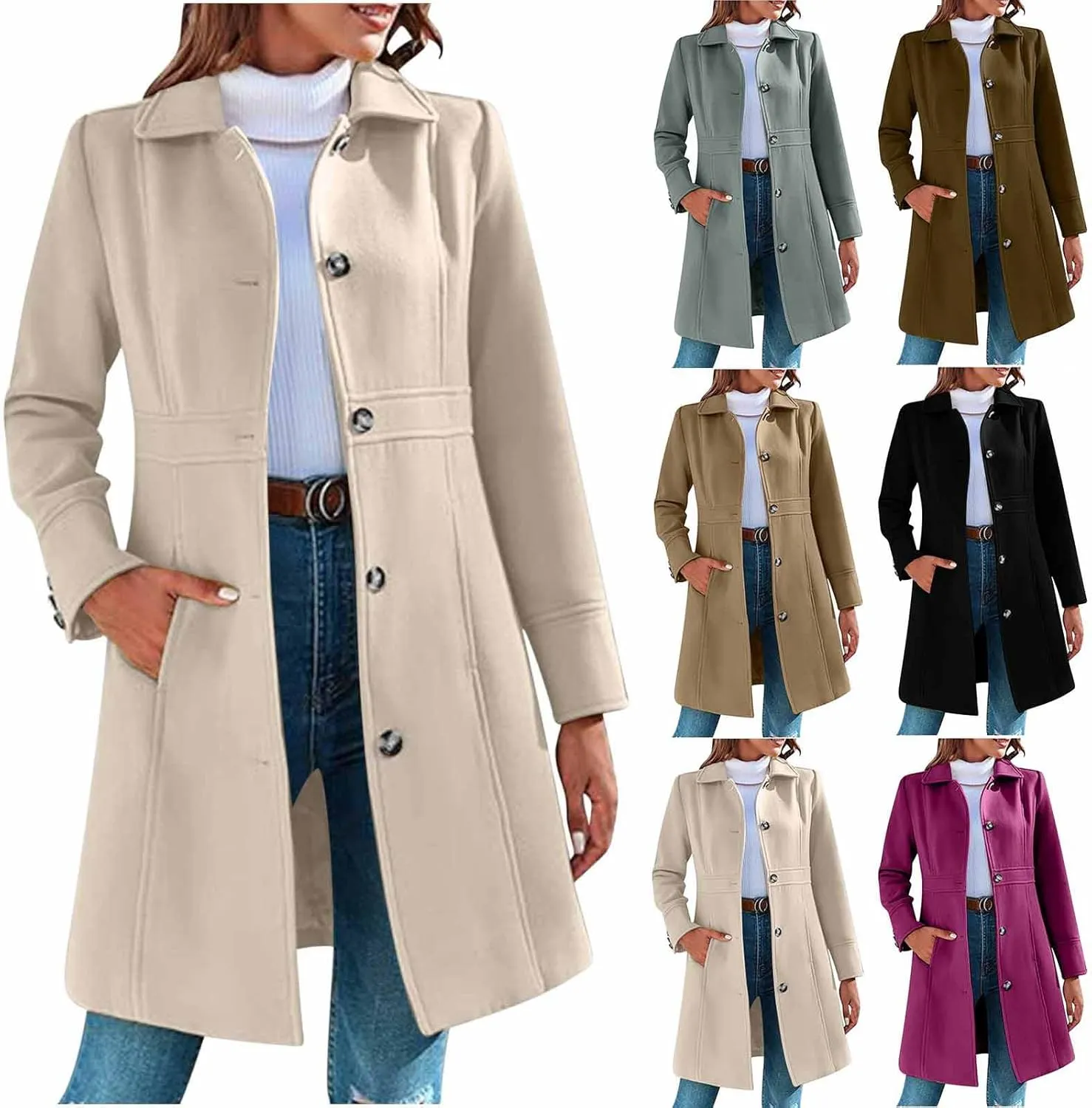 HGps8w Women's Winter Woolen Trench Coat Single Breasted Business Casual Midi Long Lapel Jacket with Pockets