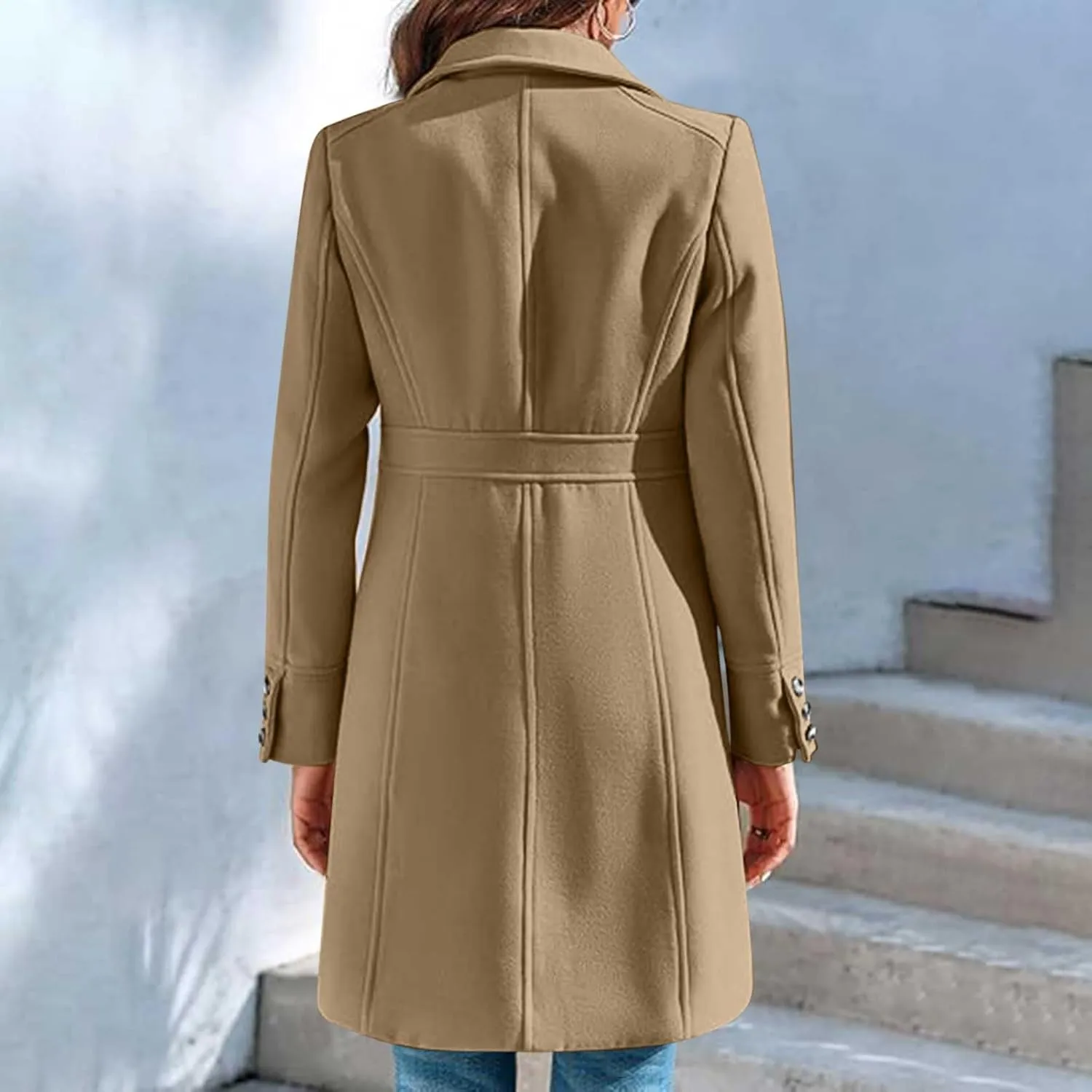HGps8w Women's Winter Woolen Trench Coat Single Breasted Business Casual Midi Long Lapel Jacket with Pockets