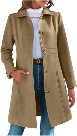 HGps8w Women's Winter Woolen Trench Coat Single Breasted Business Casual Midi Long Lapel Jacket with Pockets
