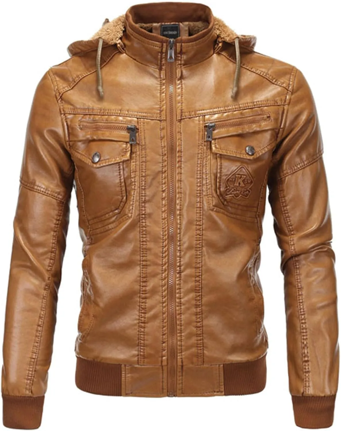 Hooded Leather Jacket Men Long Seleeve Zipper Pockets Warm Faux Winter Coat Distressed Motocycle Jacket Cotton Outfit