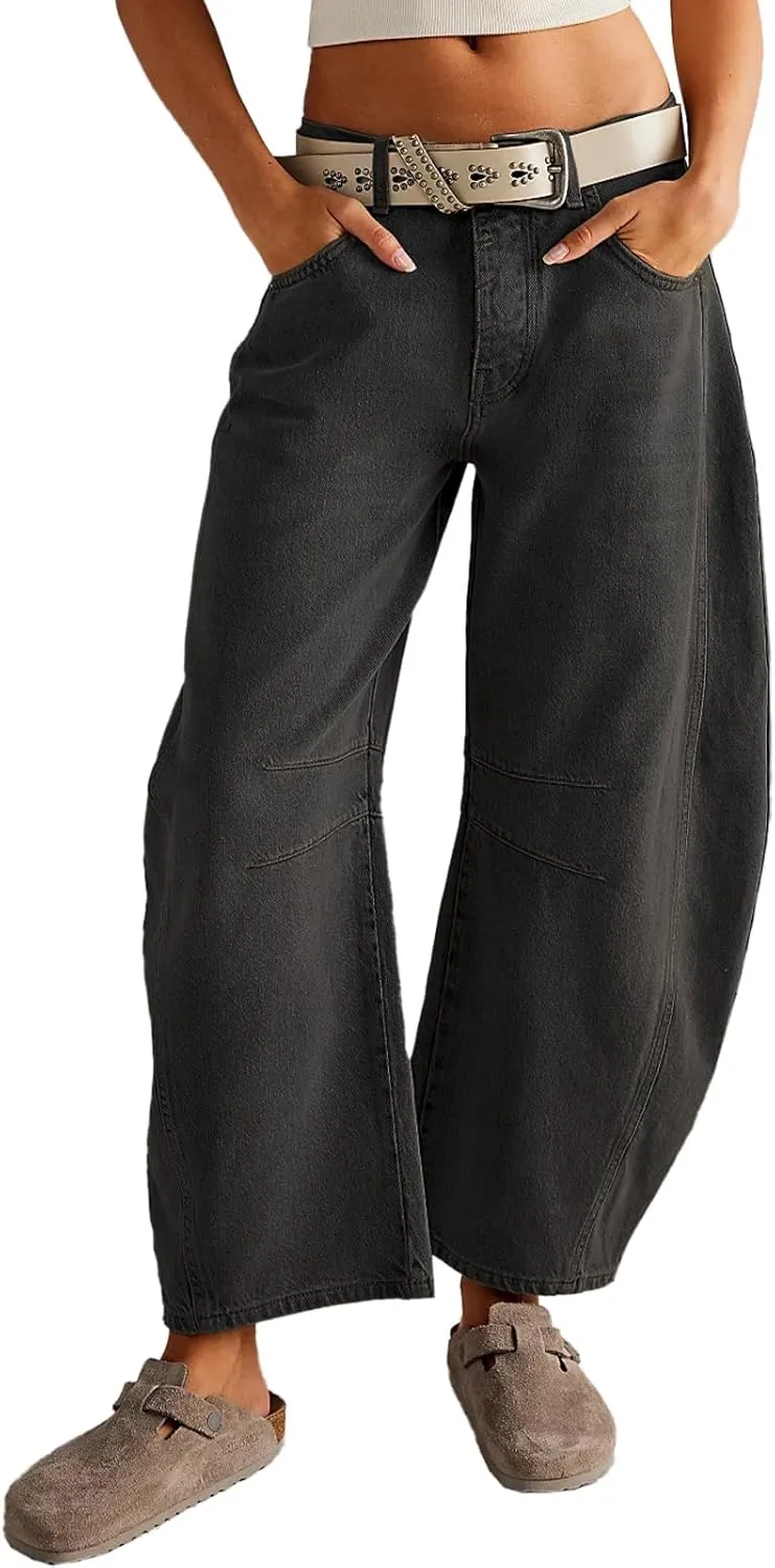 HOTIAN Barrel Jeans Women Wide Leg Mid Rise Barrel Denim Pants Vintage Horseshoe Jeans Pockets
