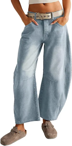HOTIAN Barrel Jeans Women Wide Leg Mid Rise Barrel Denim Pants Vintage Horseshoe Jeans Pockets