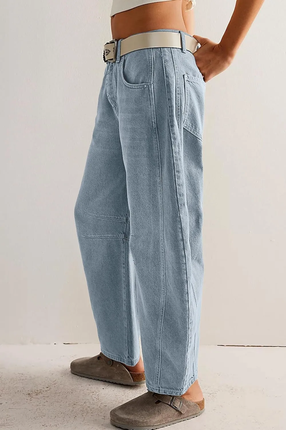 HOTIAN Barrel Jeans Women Wide Leg Mid Rise Barrel Denim Pants Vintage Horseshoe Jeans Pockets