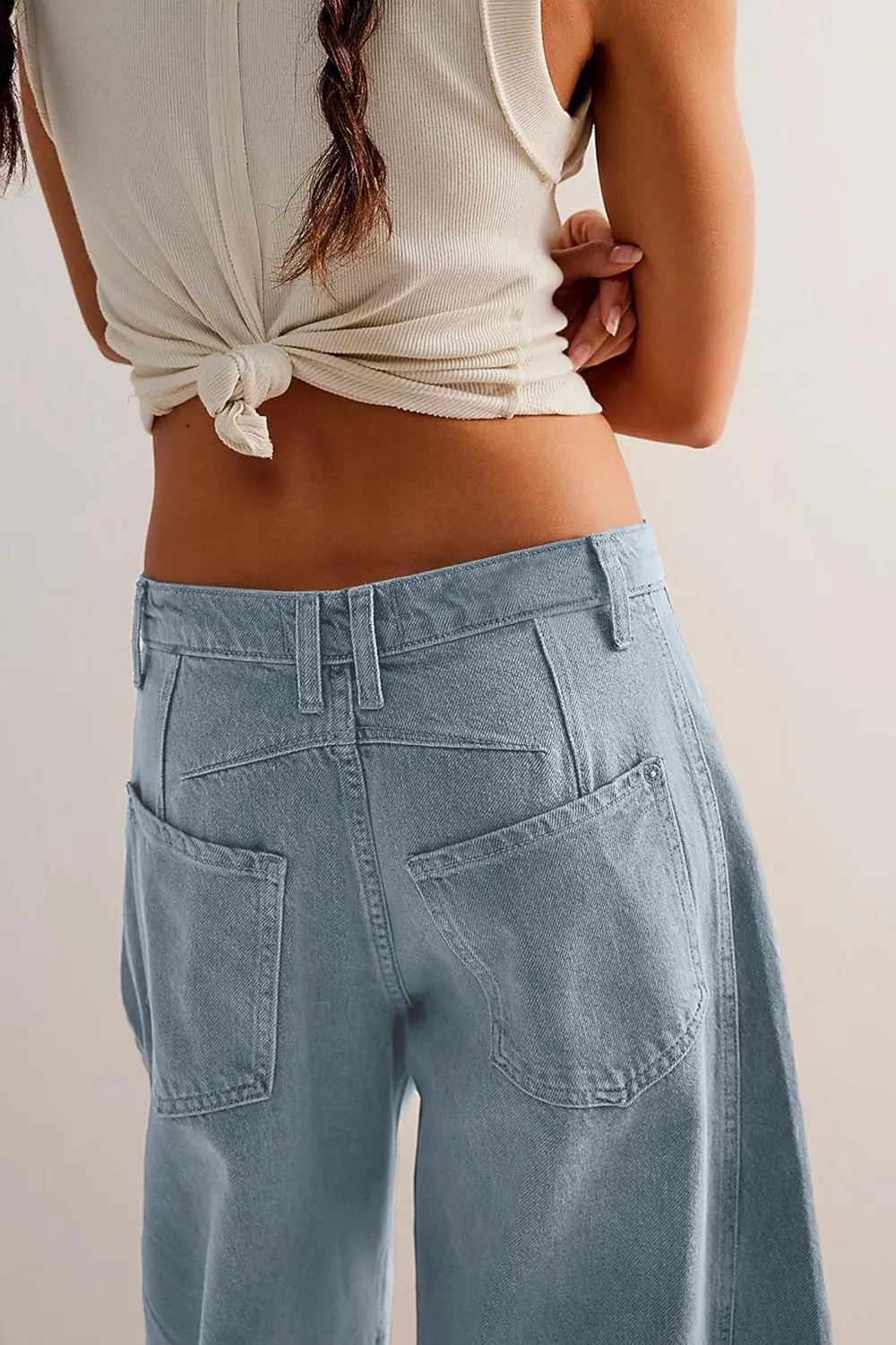 HOTIAN Barrel Jeans Women Wide Leg Mid Rise Barrel Denim Pants Vintage Horseshoe Jeans Pockets