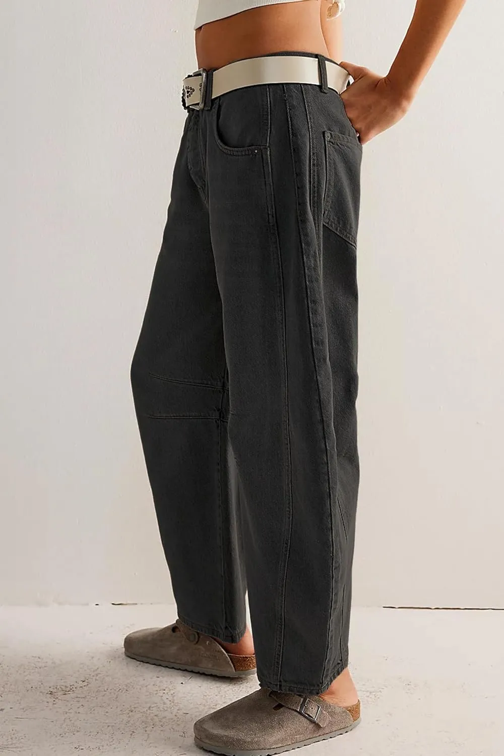 HOTIAN Barrel Jeans Women Wide Leg Mid Rise Barrel Denim Pants Vintage Horseshoe Jeans Pockets