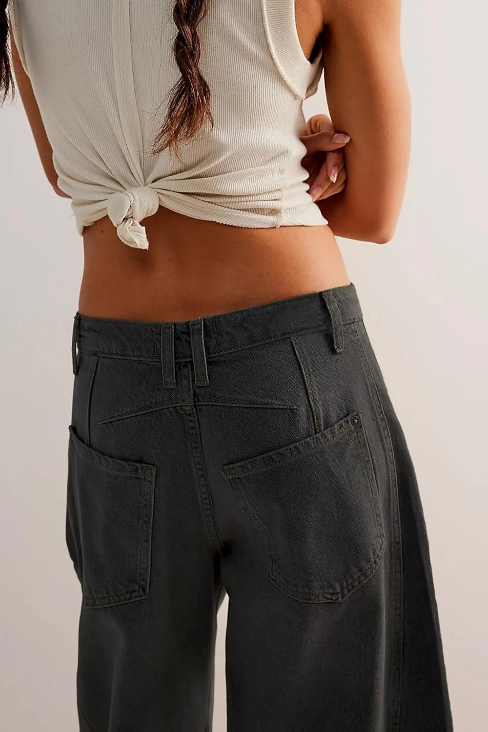 HOTIAN Barrel Jeans Women Wide Leg Mid Rise Barrel Denim Pants Vintage Horseshoe Jeans Pockets