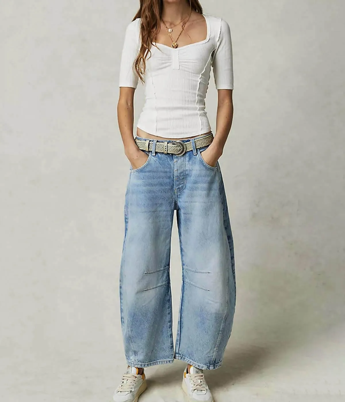 HOTIAN Barrel Jeans Women Wide Leg Mid Rise Barrel Denim Pants Vintage Horseshoe Jeans Pockets
