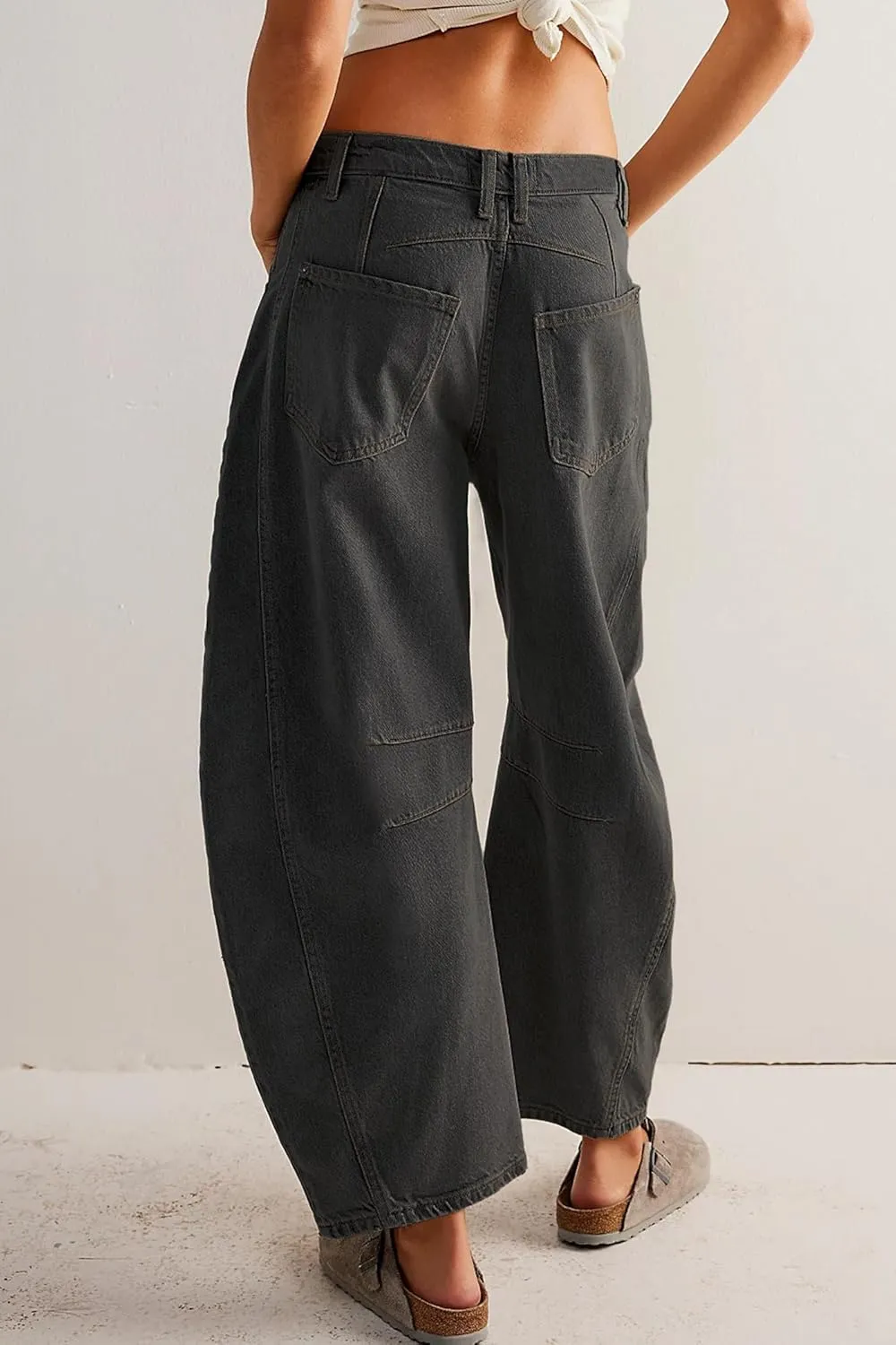 HOTIAN Barrel Jeans Women Wide Leg Mid Rise Barrel Denim Pants Vintage Horseshoe Jeans Pockets