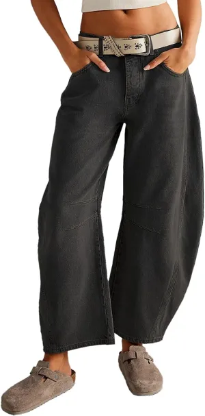 HOTIAN Barrel Jeans Women Wide Leg Mid Rise Barrel Denim Pants Vintage Horseshoe Jeans Pockets