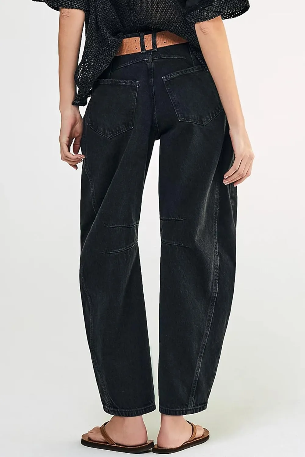 HOTIAN Barrel Jeans Women Wide Leg Mid Rise Barrel Denim Pants Vintage Horseshoe Jeans Pockets