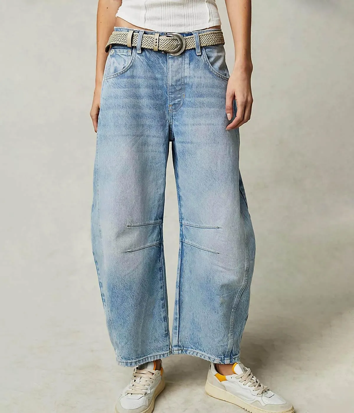 HOTIAN Barrel Jeans Women Wide Leg Mid Rise Barrel Denim Pants Vintage Horseshoe Jeans Pockets