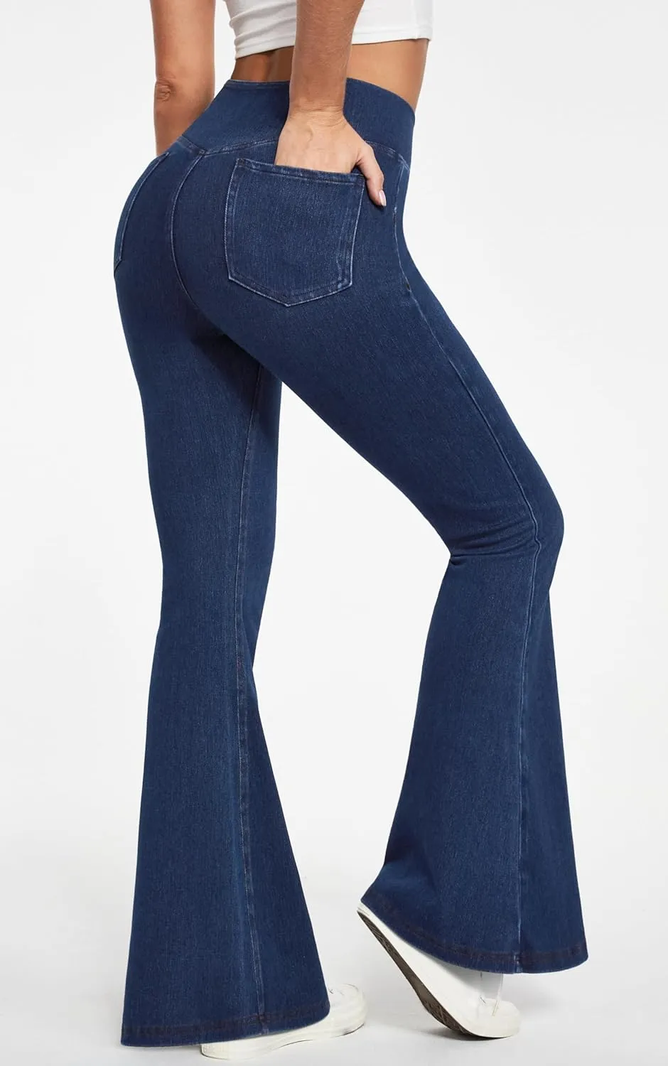 IUGA Bell Bottom Jeans for Women High Waisted Stretchy Flare Jeans Pull On Wide Leg Jeans V Cross Tummy Control Flare Pants
