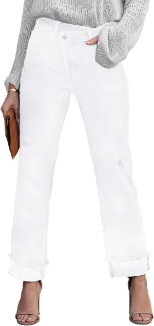 Jeans for Women Trendy High Waisted Corssover Boyfriend Jeans Distressed Stretchy Denim Pants