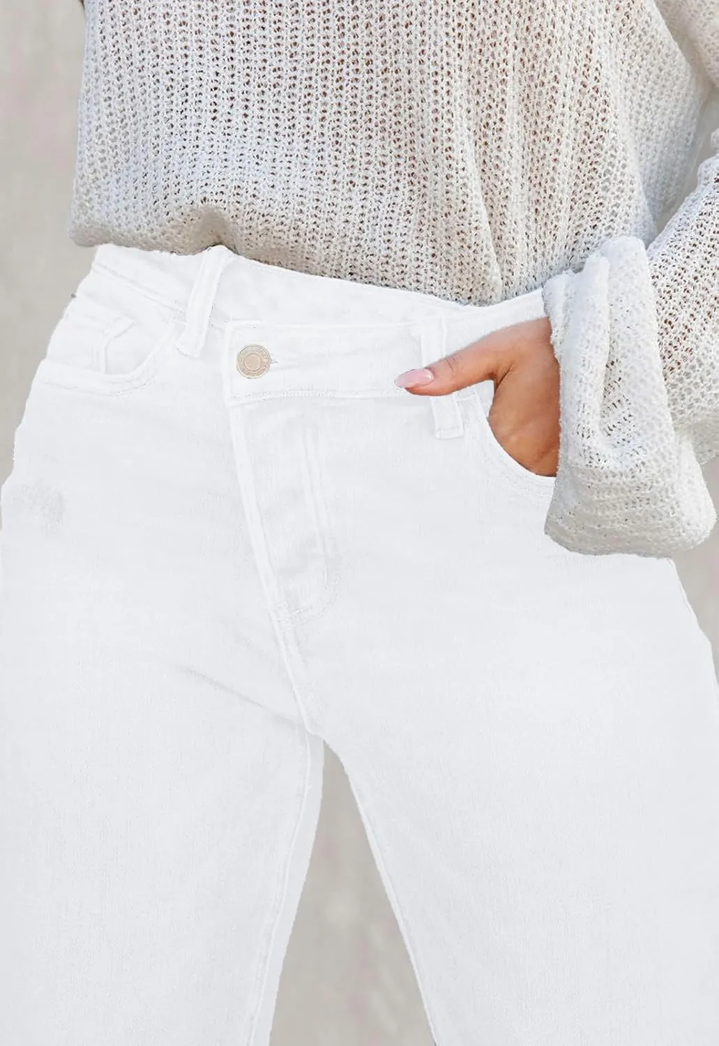 Jeans for Women Trendy High Waisted Corssover Boyfriend Jeans Distressed Stretchy Denim Pants