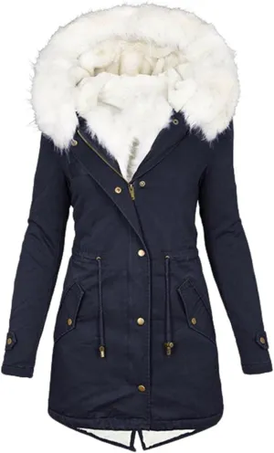 jsaierl Womens Winter Long Padded Coats with Fur Hood Fleece Lined Puffer Jacket Zipper Button Outerwear Thicken Warm Parka