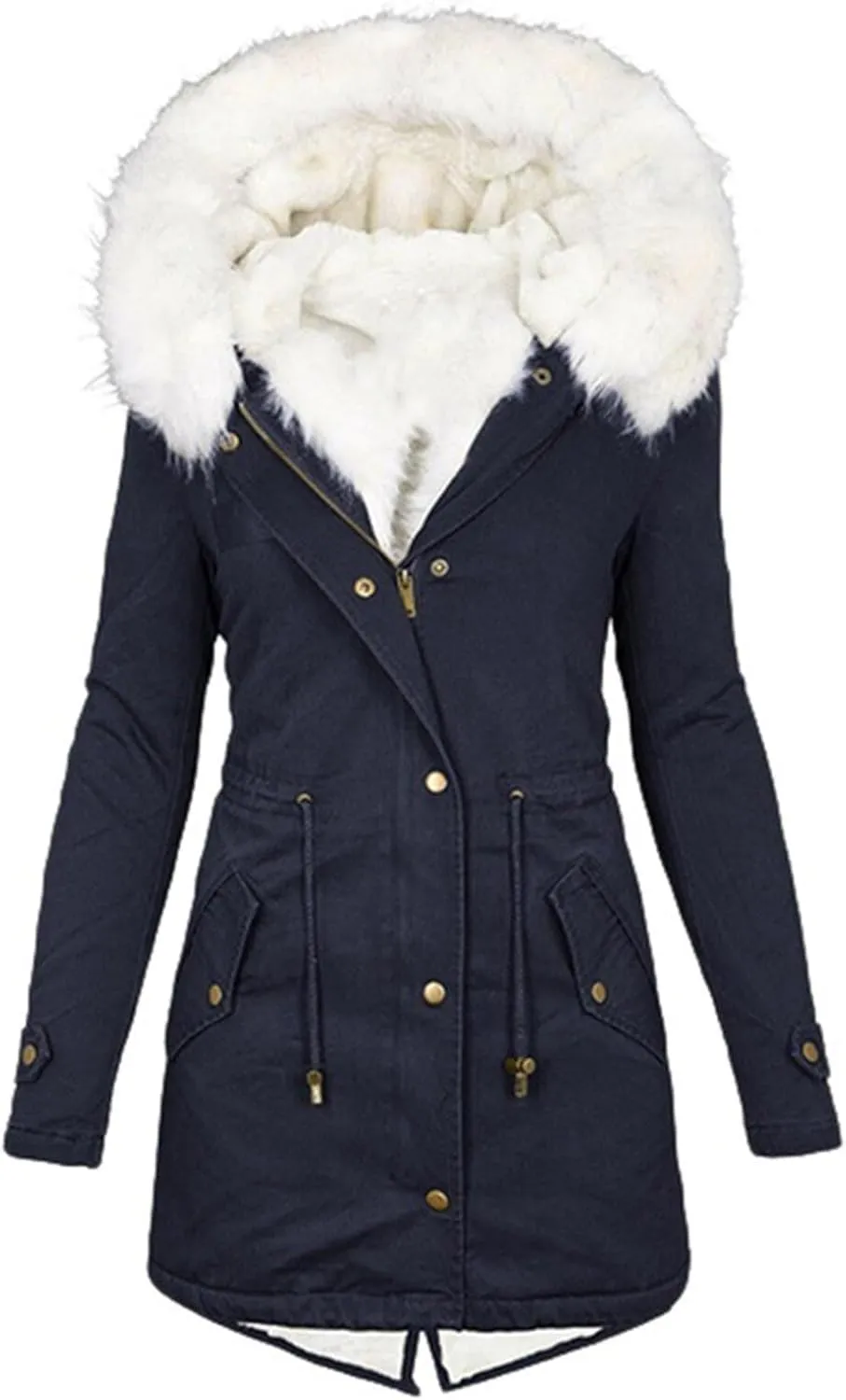 jsaierl Womens Winter Long Padded Coats with Fur Hood Fleece Lined Puffer Jacket Zipper Button Outerwear Thicken Warm Parka