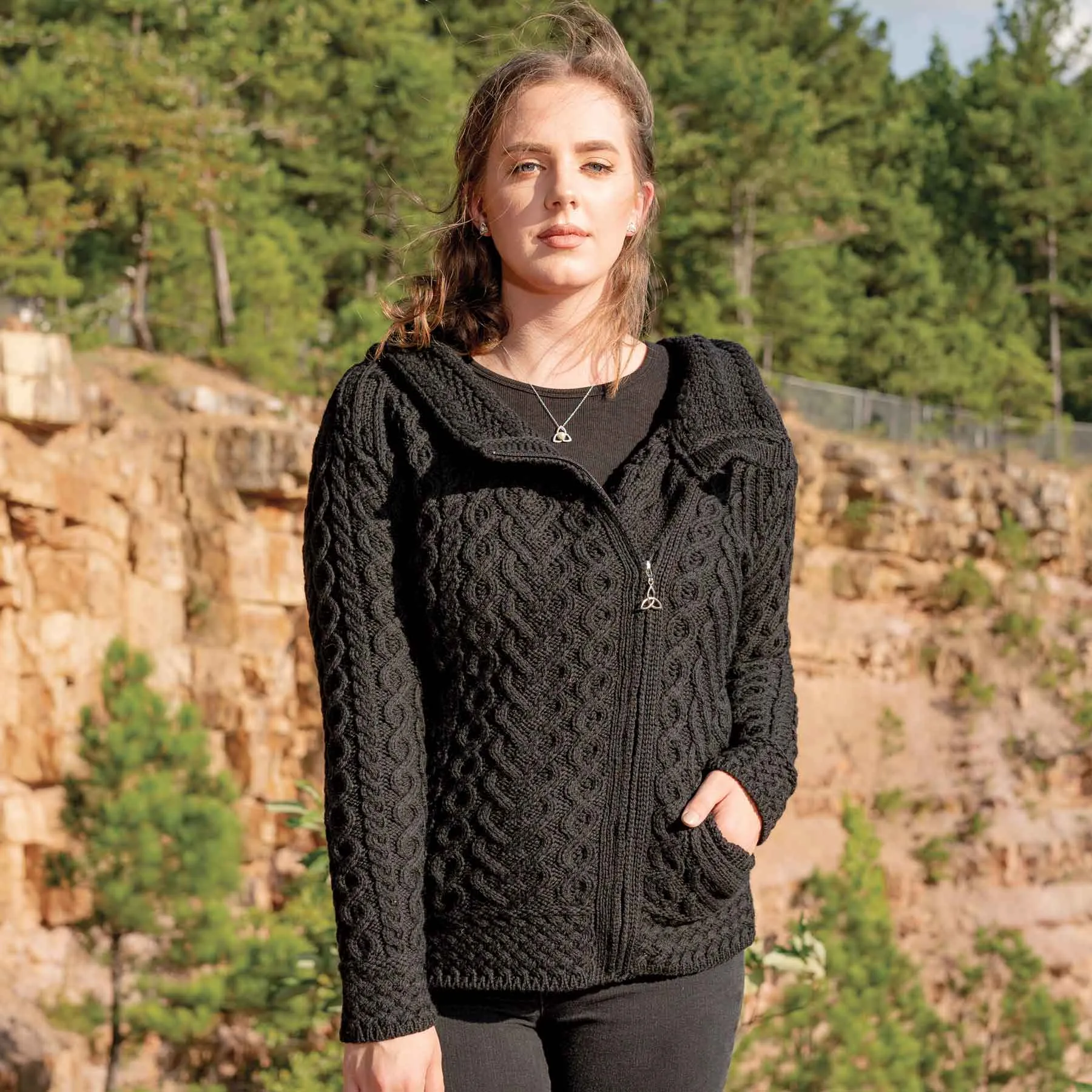 Kilkenny Hooded Irish Aran knit Jacket Black