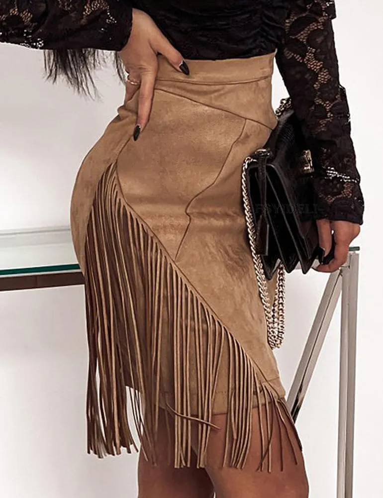 Kinghua Women's Suede Fringe Skirt High Waisted Bodycon Pencil Mini Skirt