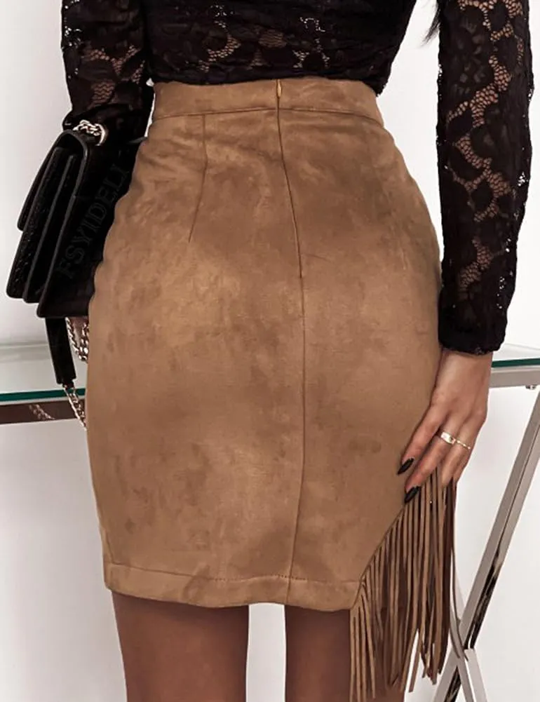 Kinghua Women's Suede Fringe Skirt High Waisted Bodycon Pencil Mini Skirt