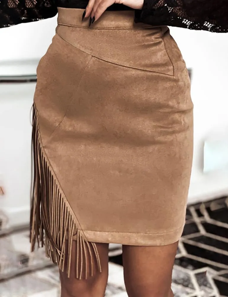 Kinghua Women's Suede Fringe Skirt High Waisted Bodycon Pencil Mini Skirt