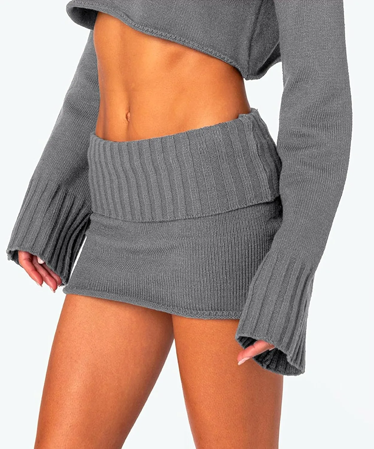 Knit Bodycon Mini Skirts for Women High Waisted Fold Over Low Rise Y2k Cute Short Skirt Wrap Pencil Skirt Skort