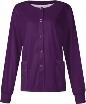 KUIOLYPOER Scrub Jackets for Woman Solid Color Long Sleeve Snap Front Nurses Uniform Plus Size Casual Pockets Scrub Tops