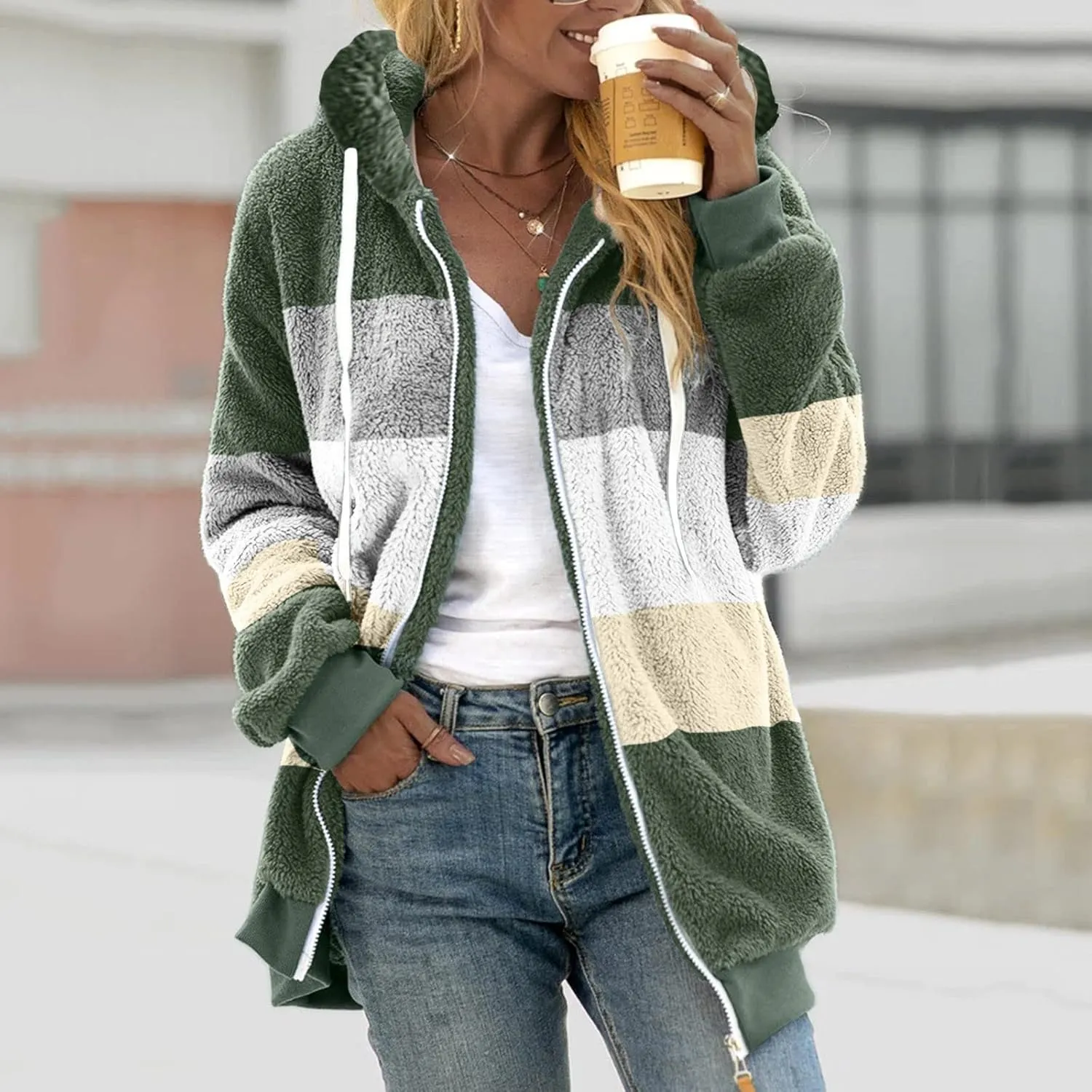 LCMTWX Womens 2023 Winter Fuzzy Fleece Jacket Artificial Wool Zipper Drawstring Solid Oversized Fuzzy Fleece Fluffy Fall