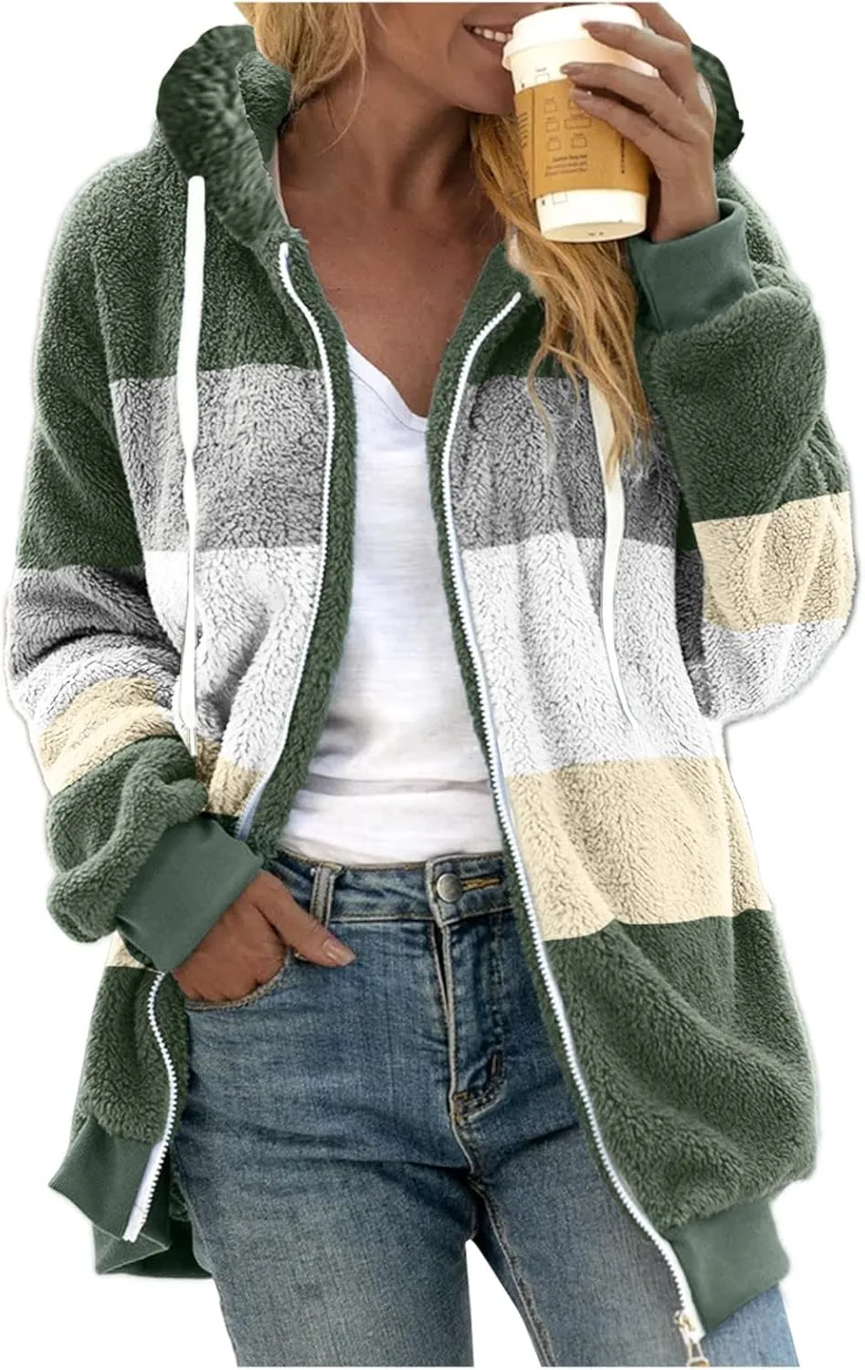 LCMTWX Womens 2023 Winter Fuzzy Fleece Jacket Artificial Wool Zipper Drawstring Solid Oversized Fuzzy Fleece Fluffy Fall