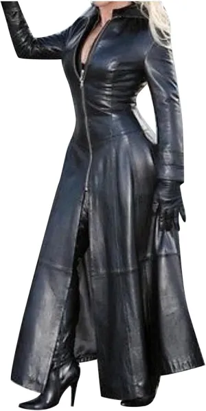 Leather Jacket Women Zip PU Long Trench Coats Long Sleeve Jackets Dress Motorcycle Faux Leather Going Out Outfits