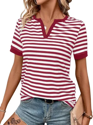 LilyCoco Women's Striped Shirt Short Sleeve Color Block Tops Notched Neck Summer Tee