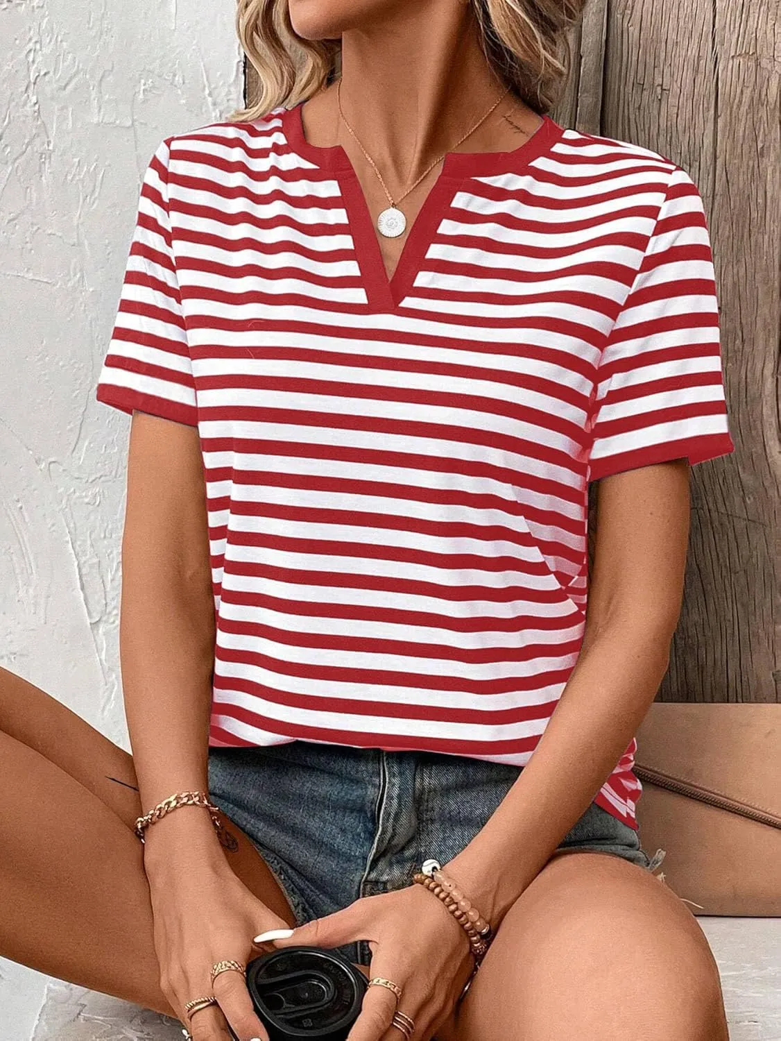 LilyCoco Women's Striped Shirt Short Sleeve Color Block Tops Notched Neck Summer Tee