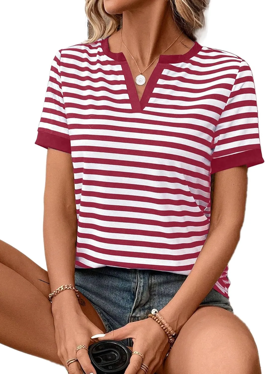 LilyCoco Women's Striped Shirt Short Sleeve Color Block Tops Notched Neck Summer Tee
