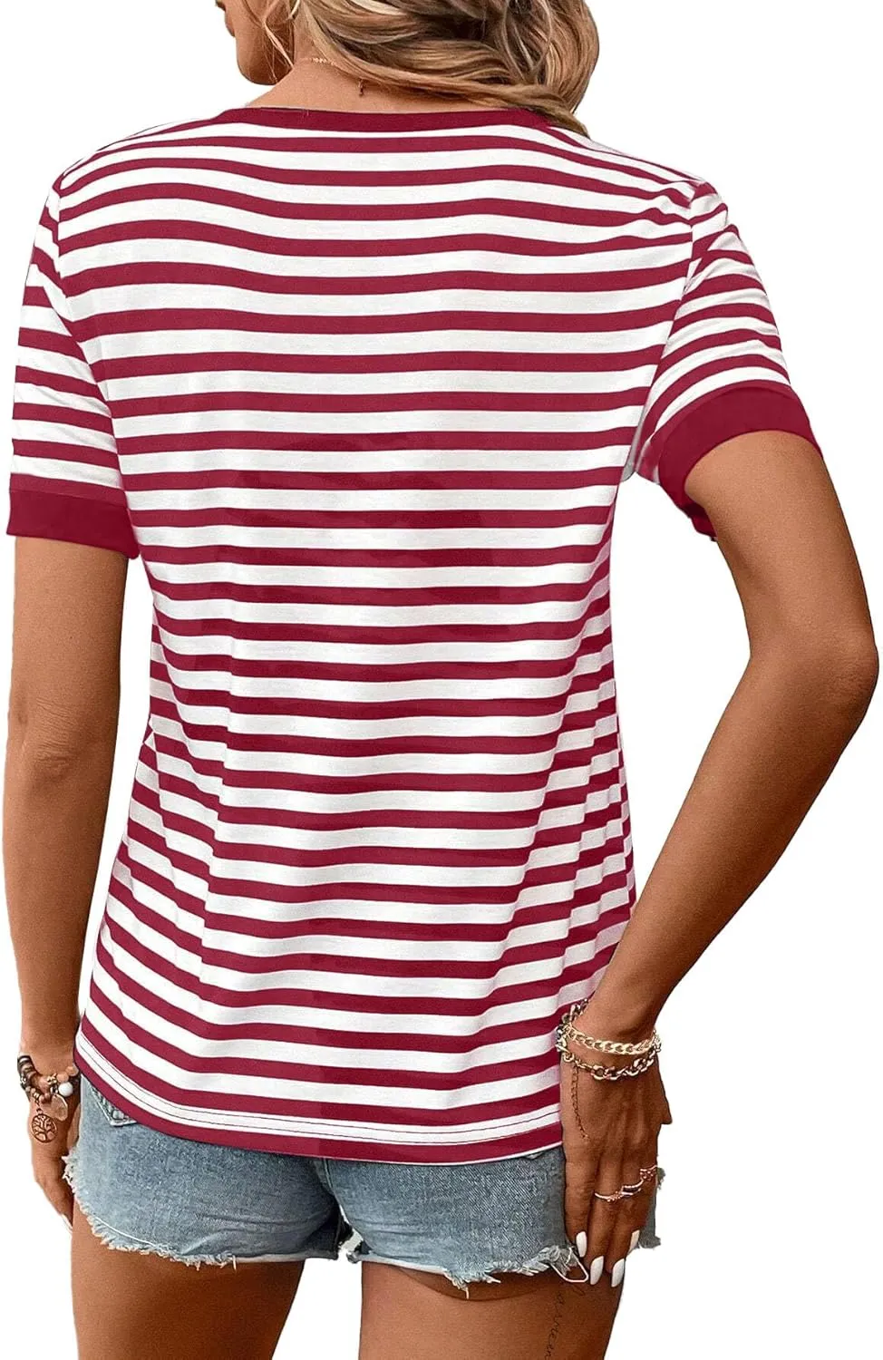 LilyCoco Women's Striped Shirt Short Sleeve Color Block Tops Notched Neck Summer Tee