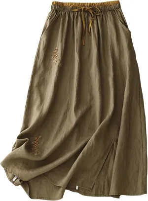 Linen A Line Skirt for Women Casual Elastic Waist Cotton Maxi Skirts Embroidered Boho Summer Skirt