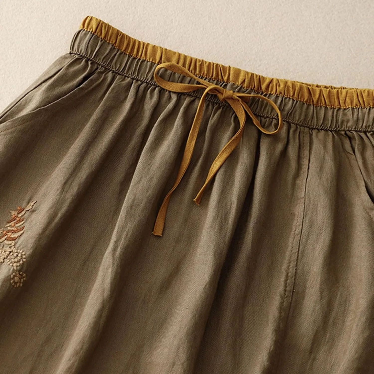 Linen A Line Skirt for Women Casual Elastic Waist Cotton Maxi Skirts Embroidered Boho Summer Skirt