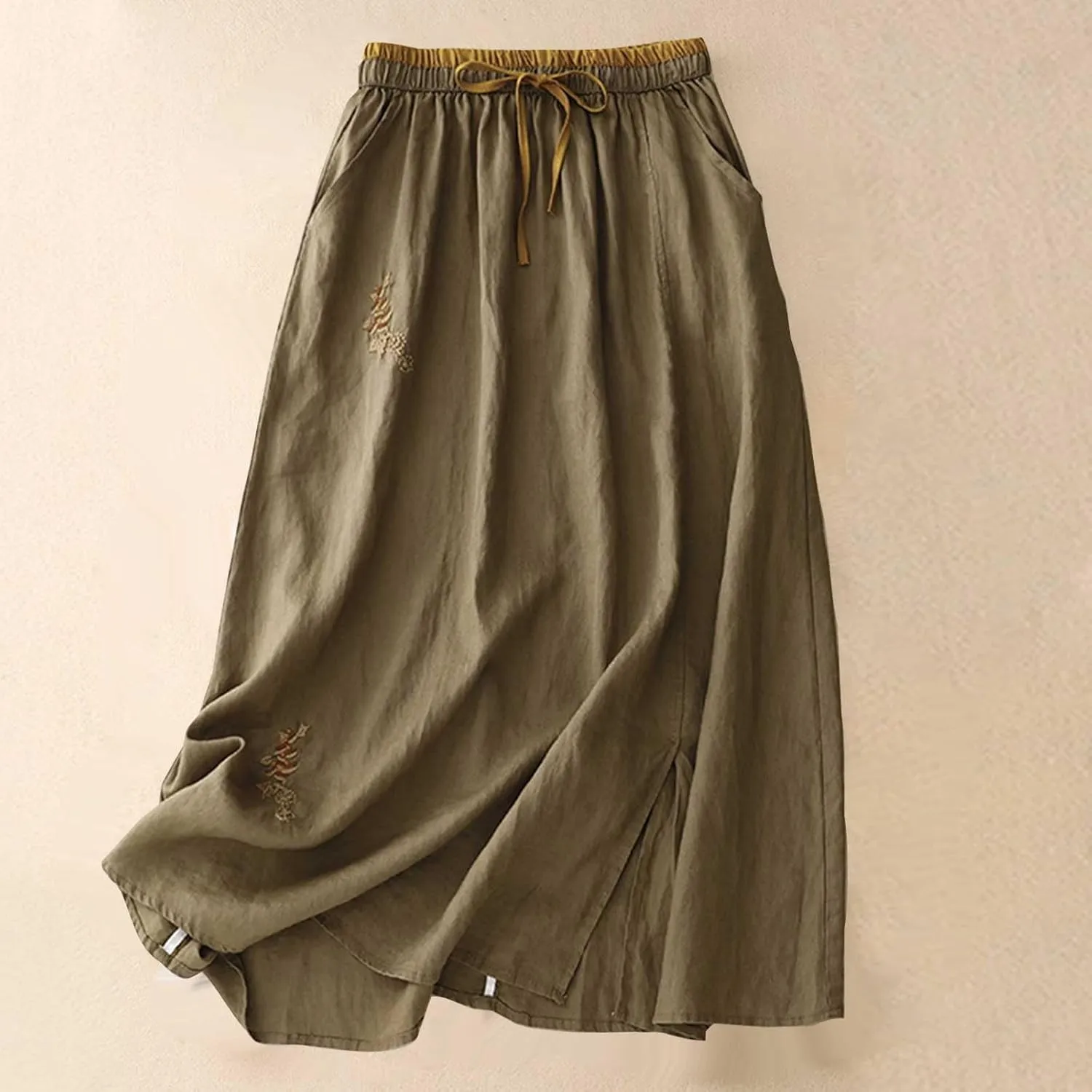 Linen A Line Skirt for Women Casual Elastic Waist Cotton Maxi Skirts Embroidered Boho Summer Skirt